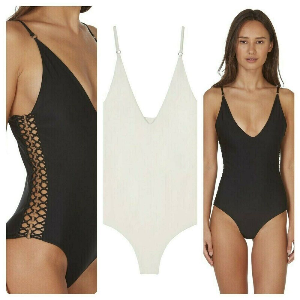 $228 WHITE MIKOH Swimwear RIO V Neck One Piece Monokini NEW Sexy Macrame Side M